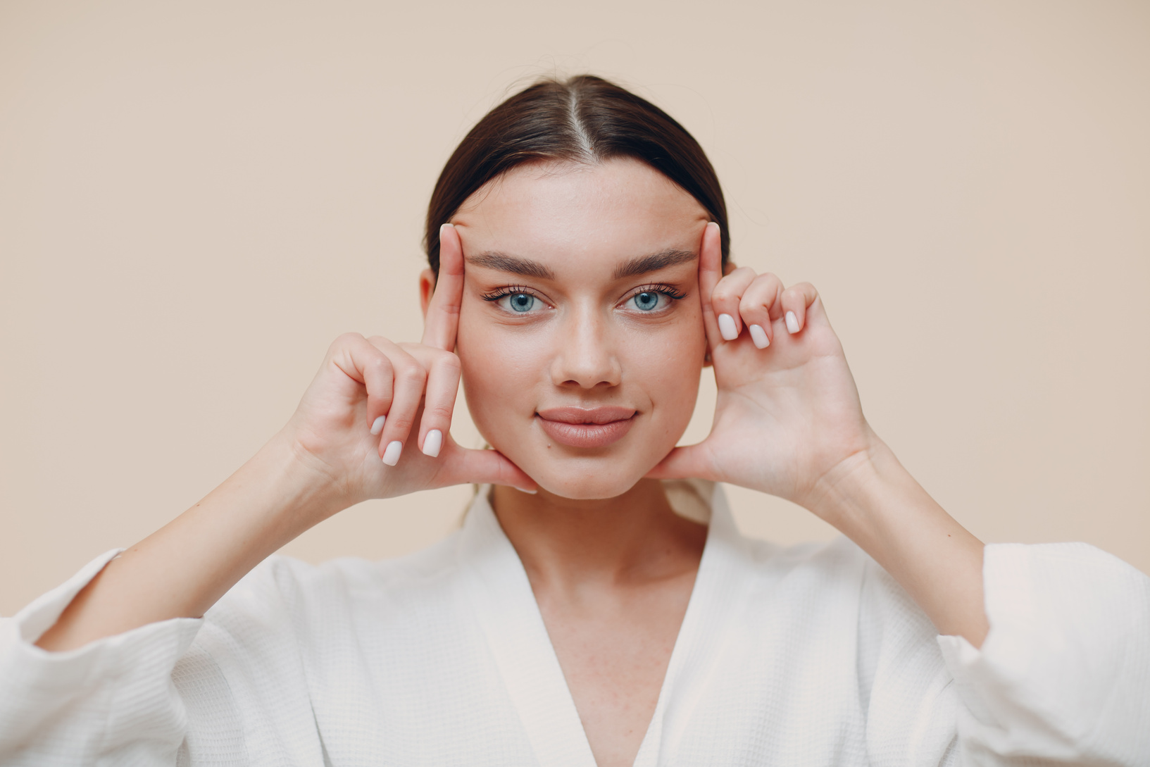 Young Woman Doing Face Building Facial Gymnastics Self Massage and Rejuvenating Exercises